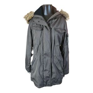 S13 Women's Green Hooded Fur Trim Parka Jacket Medium